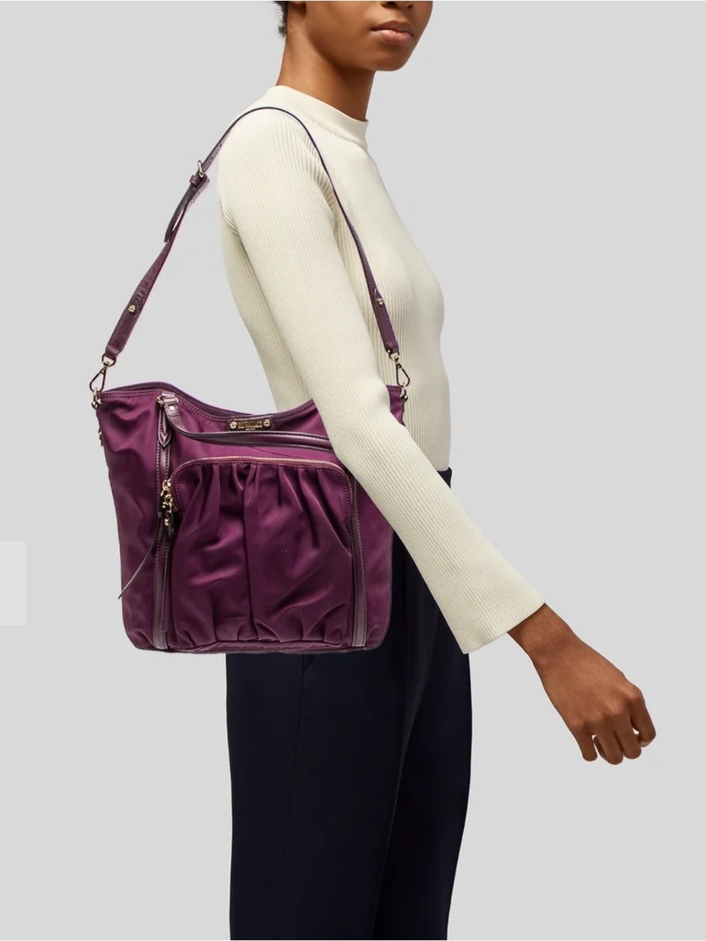 MZ Wallace Nikki Bedford Nylon Tote Leather Trim Crossbody Strap Gold Hardware